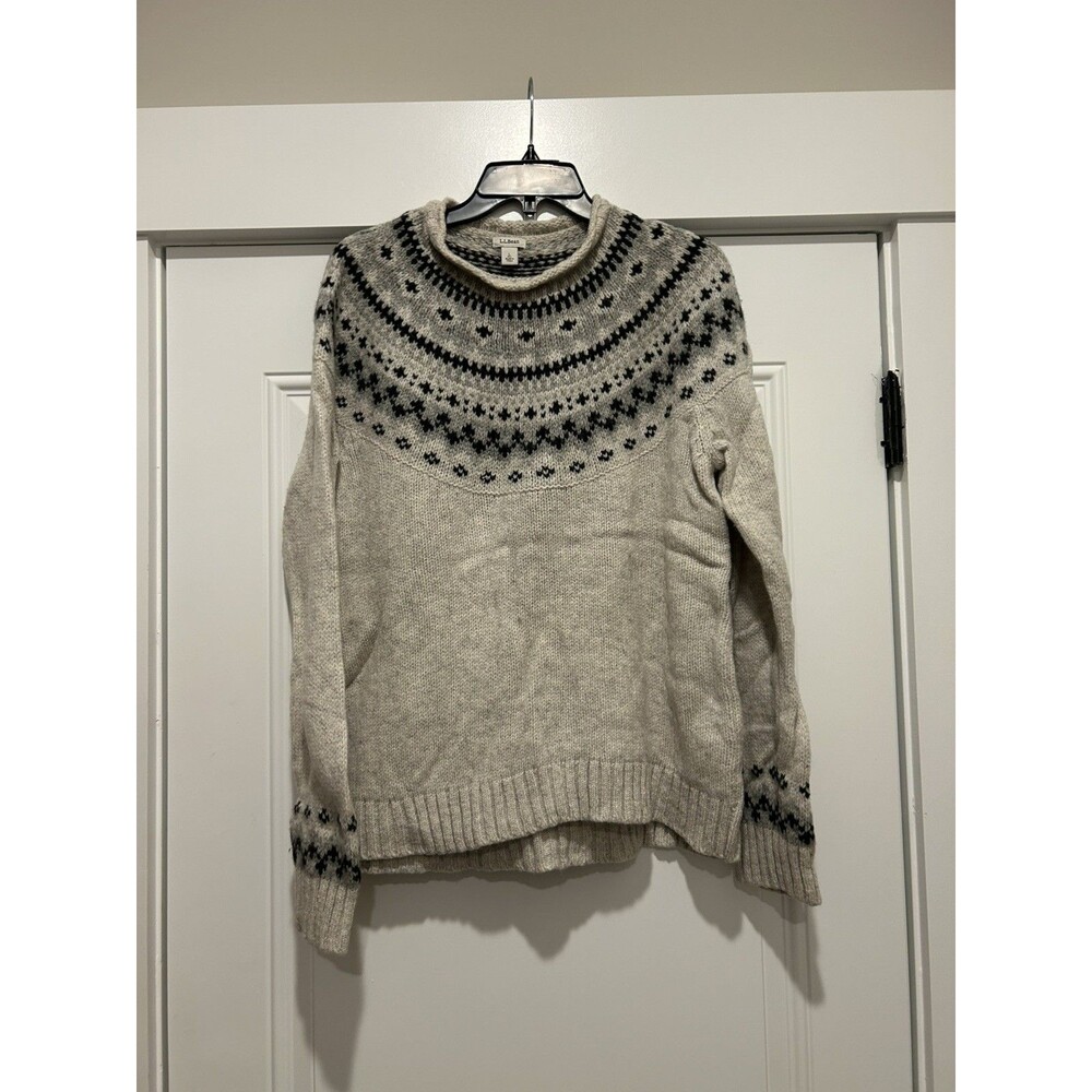 LL Bean Sweater Women's Large Gray Classic 100% Wool Fair Isle Roll Neck Nature
